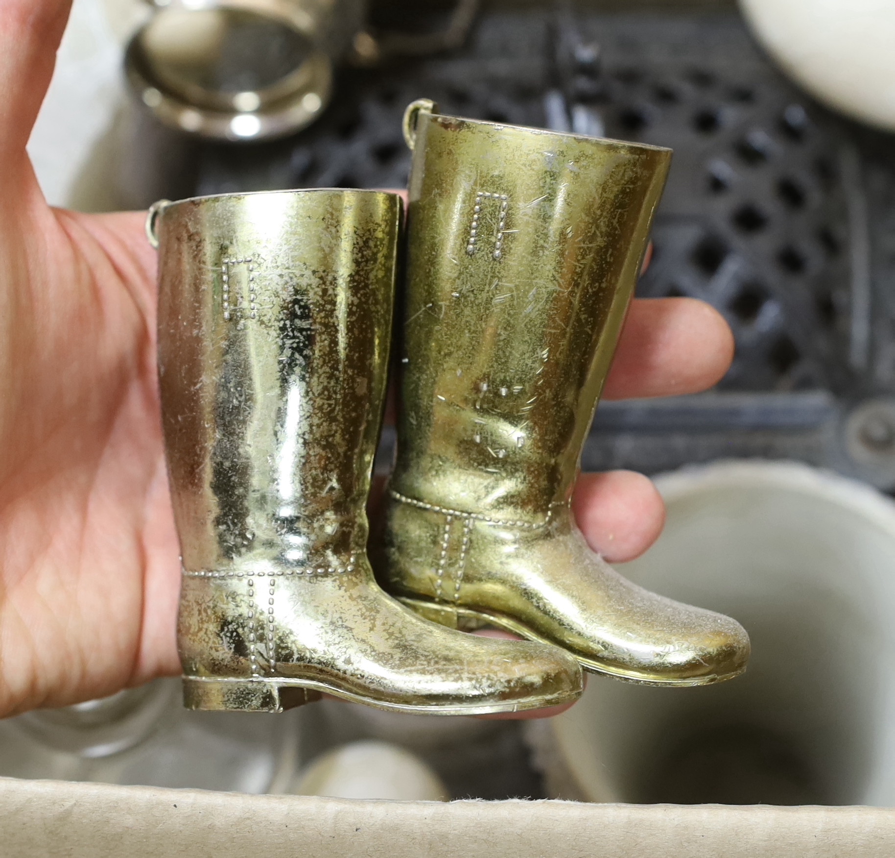 Sundry items including Victorian cast iron 'Hero Radiator', a silver twin handled cup with gilt interior, three apothecary jars